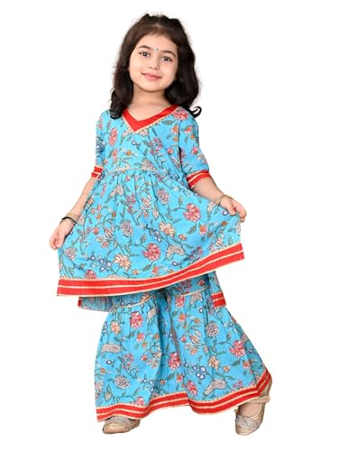 Image of superminis Girls Cotton Floral Printed Gota Patti Work Half Sleeves Sharara Suit