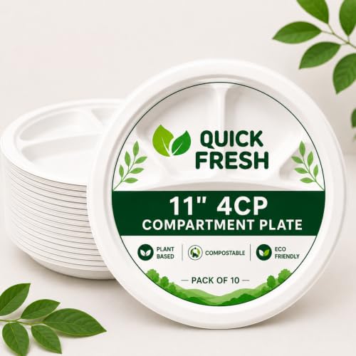 Quick Fresh Bio Degradable Compartment Plate 11'' inch, Pack of 10