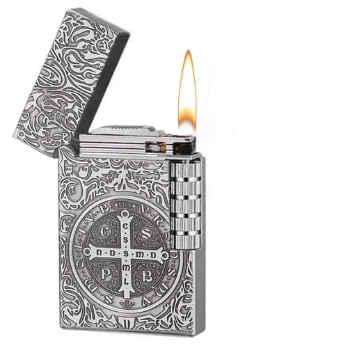 Feuerzeug Nachfüllbarer Brennstoff Einstellbare Flammengröße Sturmfeuerzeug Männer Geschenk Outdoor Camping (Feuerzeug ohne Brennstoff (Silbernes Kreuz)