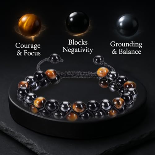 Triple Protection Bracelet I Natural Tiger Eye, Black Obsidian & Hematite Healing Crystal I 8mm Adjustable Gemstone Beads for Men & Women I3