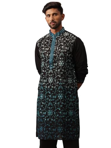 Image of Jompers Men's Silk Blend Embroidered Kurtas (Peacock, L)