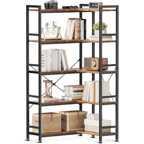 Coleshome Estantería Libros de Esquina 5 Niveles, Librería en Forma de L con 5 Baldas, Estanterías de Almacenamiento y Mueble Expositor para Sala, Casa, Oficina, Dormitorio, Marrón, 72.8x65.3x145.5