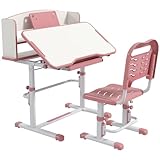 ZONEKIZ Kids Desk and Chair Set, Height Adjustable Children School Study Table with Drawer, Bookshelf, Adjustable Angle Tabletop, Non-slip Mat, for Ages 6-12 Years - Pink - Image 1