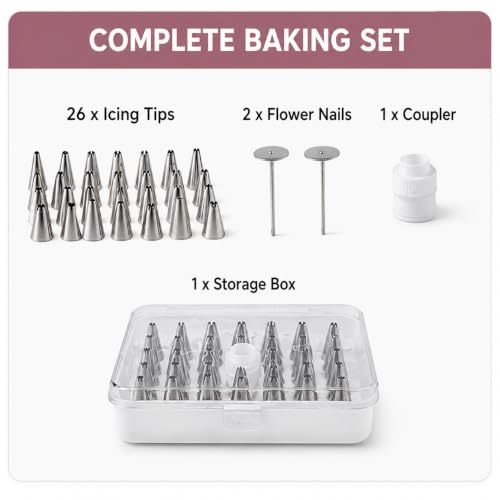 Image of PureBake 26 Pcs Cake Decorating Set, Nozzles for Frosting Icing Piping Bag, Used for Pastry, Cakes, Cookies & Muffin Decoration, Reusable Piping Bag, Flower Nail, Included