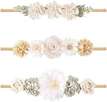 mligril Baby Girl Flower Headbands Set-Elastic Hair Band Crown Flower Wraps for Newborn Infant Toddler 3Pcs
