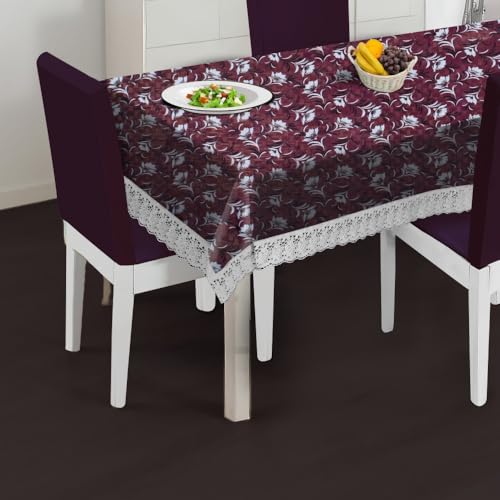Image of The Furnishing Tree Waterproof PVC Rectangle Shaped 6 Seater Table Cover WxL 60x90 inches Floral Pattern Magenta with White Border lace