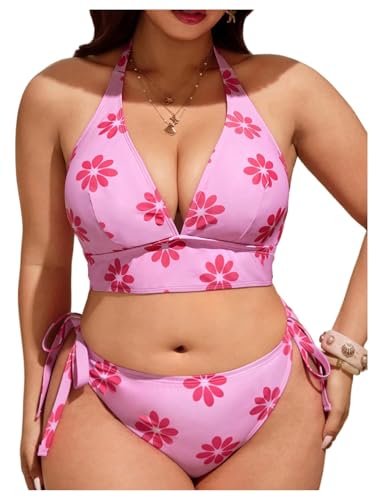 Bikini grande taille fleuri avec tanga à nouer et dos nu pour femme