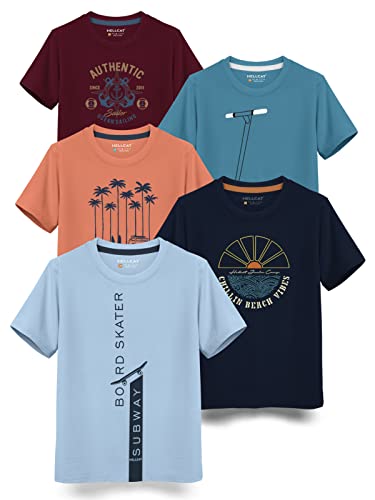 Image of HELLCAT Boys Round Neck Printed Blended Cotton Tshirt -Combo Pack of 2 - Orange /Blue