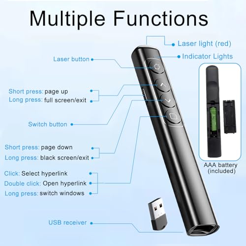 Neoreser Presentation Clicker, Pointer für Präsentationen via USB Empfänger, Rot Präsentationsfernbedienung für Windows 7/8/ 10/ Mac/Linux/Android/PowerPoint, für Lehrer, Büro, Berichte(Black)