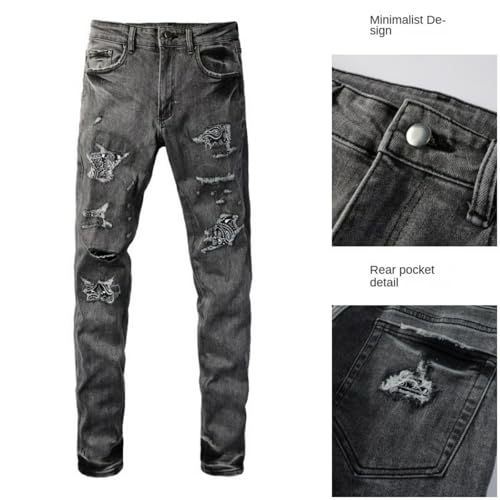 Jeans Pants Trouser Denim Men Worn Hole Stretch Slim Fit Street Trendy Embroidery Retro Washed Grinding Fading Grey Patch Casual Small Foot(Grey,33)4