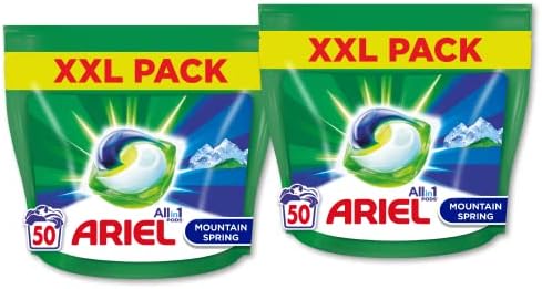 Ariel All-in-1 PODS Kapsułki do Prania, 100 Prań (2 x 50 Kapsułki), Mountain Spring, Doskonałe Usuwanie Plam, Nawet w Niższych Temperaturach