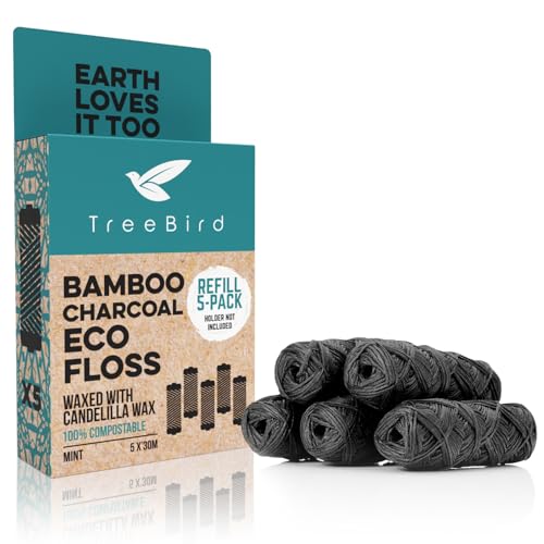 TreeBird Bamboo Charcoal Dental Floss Refills | Pack of 5 (33 Yard Spools) | Mint Flavor, Candelilla Waxed | Refill Pack for Floss Holder | Kraft Paper Box