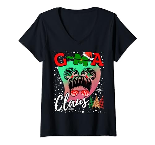 Funny Messy Bun Christmas Gma G-MA Claus Women Leopard Plaid Camiseta Cuello V