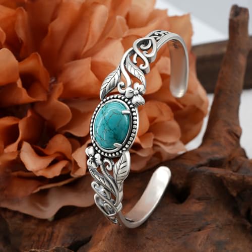 Natural Turquoise Cuff Bracelet for Women - 925 Sterling Silver Vintage Western Boho Bracelet with Sunflower, Cross, Tree of Life & Mountain Design - Sun Adjustable Turquoise Stone Cuff Jewelry2
