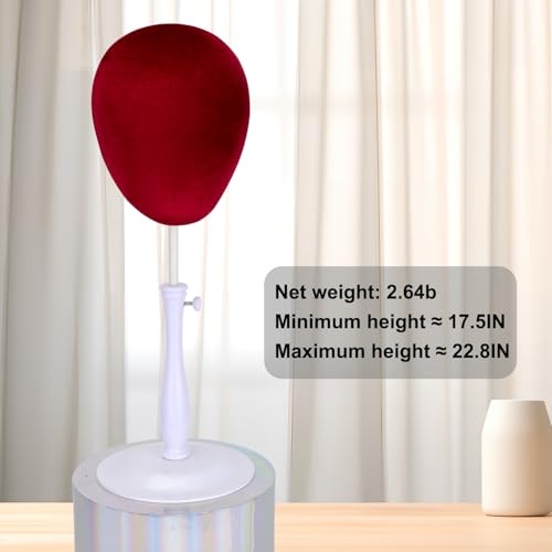 kelukeya Velvet Wig Head Adjustable for Hat and Wig Display, Mannequin Head Stand with Retractable Metal Base for Styling and Display (Velvet wine red) — view 3