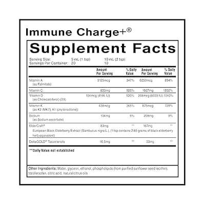 Quicksilver Scientific Immune Charge+ Elderberry with 10,000 IU Vitamin D3, 25,000 Vitamin A, C, E, K1 & K2 for Immune Health & Lung Support (100ml)