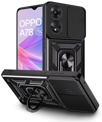 Image of WOW IMAGINE Tough Armor Bumper Mobile Back Case for Oppo A78 5G | Sliding Camera Shield Cover | Shock Proof 360 Protection | Hybrid PC + TPU | Ring Holder with Kickstand - Black