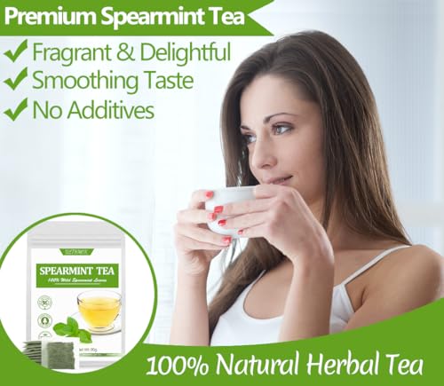 Premium 60 Spearmint Tea Bags, Made with 100% Pure Natural Spearmint Leaves, Caffeine Free & No Additives.