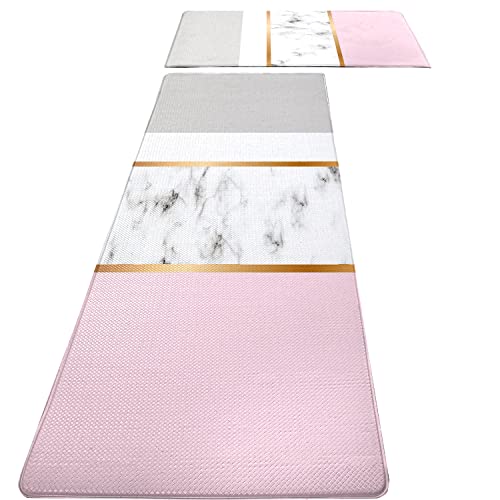 Fnlndo Pink Kitchen Rugs And Mats For Floor White Grey Marble Anti Fatigue Kitchen Rugs Set Of 2 Modern Art Non-Skid Washable Kitchen Mats For Kitchen Sink Laundry (Pink, 17.5"X29.5"+17.5"X47") #TOP1
