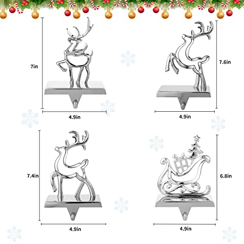 Christmas Stocking Holders For Mantel Set Of 4, 3Pack Reindeer And 1Pack Pine Tree Car Vintage Metal Standing Stocking Hook Silver Sturdy Stockings Hanger For Fireplace Counter Window Decoration #TOP4