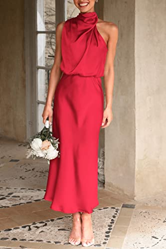 Prettygarden Women's 2023 Summer Satin Dress Elegant Sleeveless Mock Neck Cocktail Party Maxi Dresses (Red,Medium) #TOP1