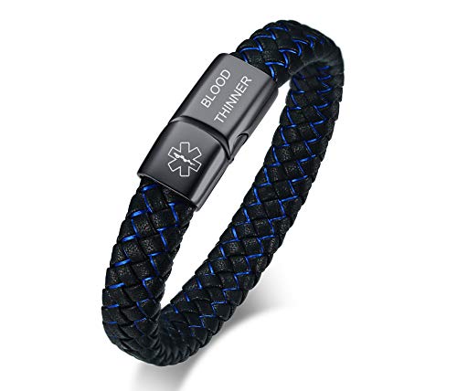 VNOX Medical Alert ID Blood THINNER Blue&Black Braided Leather Stainless Steel Magnetic Cuff