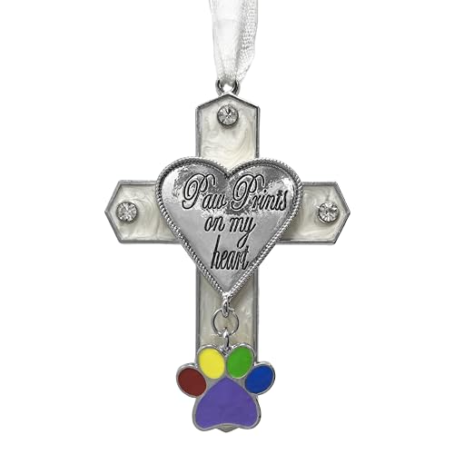 Banberry Designs Empreintes de Pattes sur Mon Cœur Croix Strass Ornement funéraire avec Pattes Charm 7,6 cm H