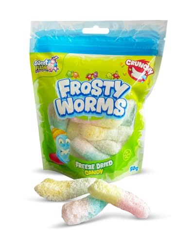 Frosty Worms Freeze Dried Candy - 50g Tüte - Gefriergetrocknete Fruchtgummi-Würmer knusprig - Einzelportion mit einzigartiger Textur