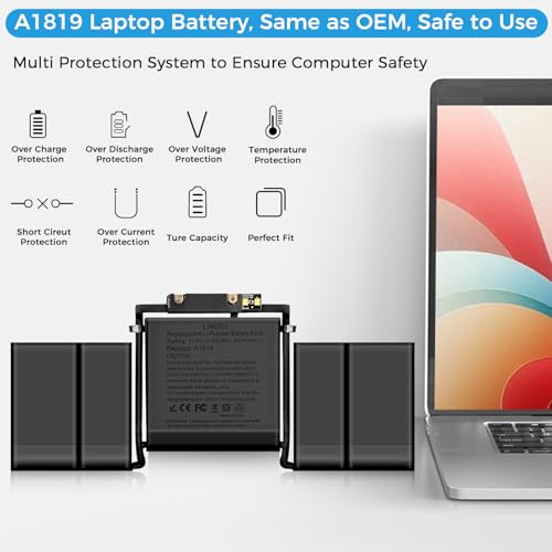 Image of A1706 Battery, A1819 Battery Replacement for MacBook Pro 13 inch A1706 Late 2016 Mid 2017 Touch Bar Version EMC 3071 3163 (Upgraded High Performance 4314mAh 11.41V 49.2Wh Li-Polymer)