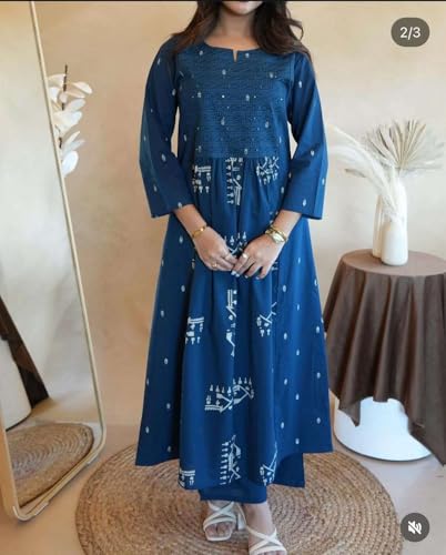 Image of Women's Cotton Embroidered Anarkali Kurti with Pant Set