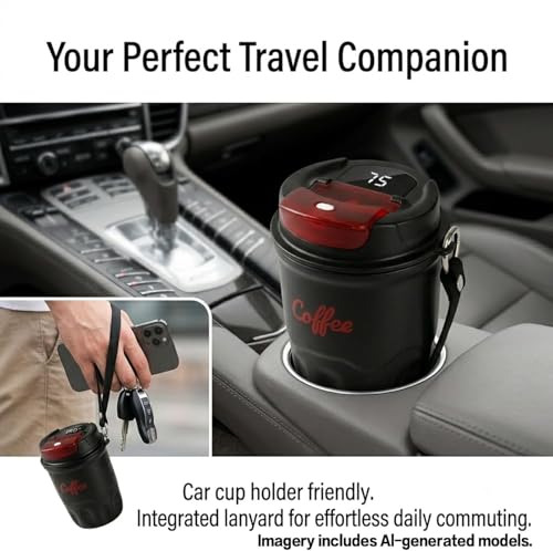 Image of Coffee Vacuum Flask, 12oz Portable Smart LED Temperature Display Coffee Cup with Lid and Handle Strap, 316 Stainless Steel, Leak-proof, Keep Hot and Cold, for Home, Office (Purple)