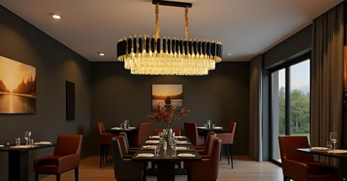 Image of DREAMY DESIGNS Chandelier Lights for Ceiling Black Gold 600 * 300 MM 3-Tier K9 Glass Crystal Chandeliers for Living Room Smart 3 Mode LED Light Plate Modern Jhumar Designer Bedroom and Dining Room