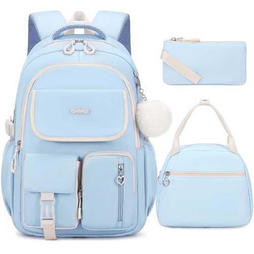 DIGOBAY Backpacks for Girls 3PCS School Backpack with Lunch Box Pencil Pouch for Teen Girls Kids Elementary Primary Middle High College Travel School bag Bookbag Set Blue
