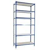SimonRack Schwerlastregal, Lagerregal, 250x90x30 cm, Metallregal, Kellerregal, Biegestelle 150 kg, 6 Holzfachböden, Blau/Holz - Maderclick