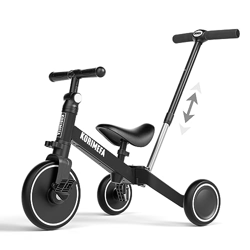 KORIMEFA Trike 4 en 1 pour Enfants avec Poignée de Poussée Parentale pour 1 à 3 Ans, Garçons, Filles, Tout-Petits, Tricycle, Vélo D'équilibre pour Bébé, Siège et Poignée Réglables