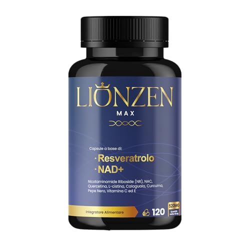 NAD+ Trans-Resveratrolo puro con 10 ingredienti anti-età | 1000 mg | Energia cellulare, longevità, vitalità | Nicotinamide Riboside, Quercetina, NAC, Curcuma, Pepe Nero | Lionzen Max