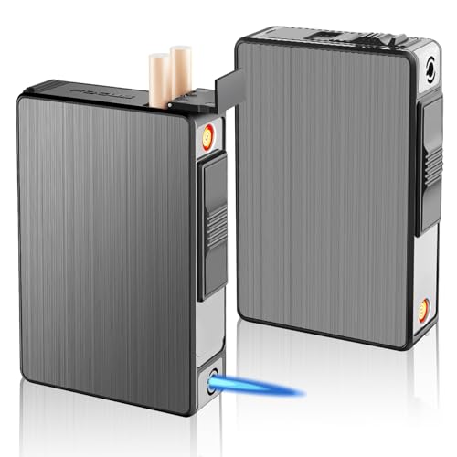 Pitillera con encendedor: WIYETY 2 unidades de caja de cigarrillos de aluminio desmontable, resistente al viento, encendedor de gas, encendedor de tormentas, puede cargar 20 barriles, carga USB (se