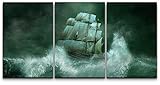 wall26 - 3 Piece Canvas Wall Art - Ghost Ship in The Sea - Modern Home Decor Stretched and Framed Ready to Hang - 16