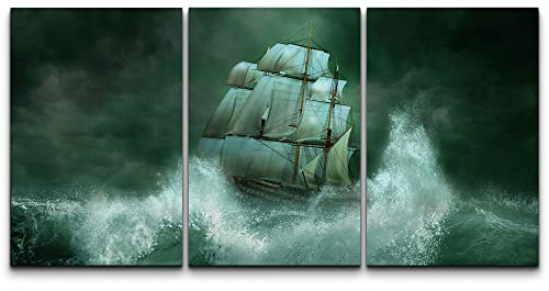 wall26 - 3 Piece Canvas Wall Art - Ghost Ship in The Sea - Modern Home Art Stretched and Framed Ready to Hang - 16