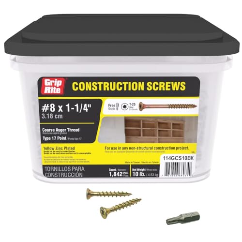 Image of Grip Rite 114GCS10BK #8 by 1-1 /4-inch Type 17 Coarse Thread Yellow Zinc Plated T-25 Star Drive Bulk Construction Screws 1,842 Count, 10lbs.
