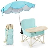 Suzile Outdoor Beach Chair with Umbrella Travel Booster Seat with Tray, Compact Folding Chair, Portable Booster Seat with Storage Bag, Backrest Pocket for Dining Table, Camping (Blue)