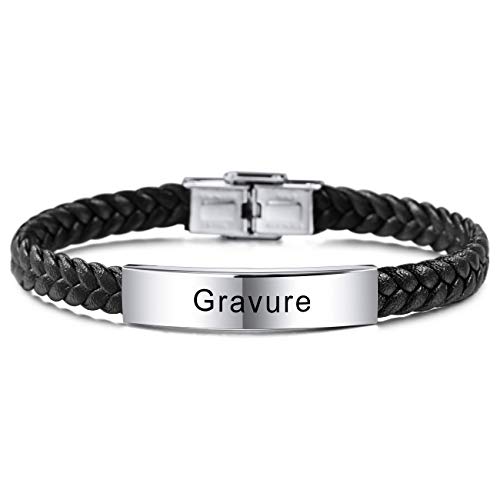 MeMeDIY Nom Bracelet Bracelets Personnalisés pour Femmes Bracelets Personnalisés pour Garçons Hommes Filles Acier Inoxydable Véritable Gravure sur Cuir Tressé Manchette Réglable (Couleurs Noires) Cover