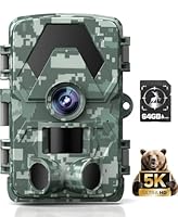 Wildkamera, 5K 60MP Wildtierkamera mit 98FT 130 Weitwinkel, 0,05s Auslösezeit Nachtsicht Bewegungssensor Jagdkamera, IP66 Wasserdicht, kein Glühen Infrarot-LEDs für Garten mit 64GB Speicherkarte