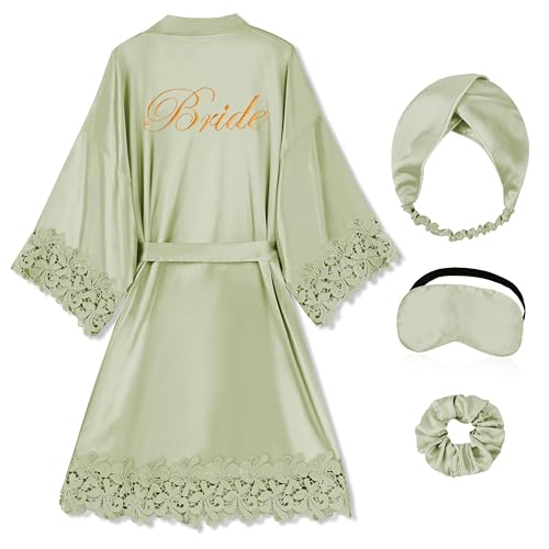Image of EPLAZA Bride Robe for Wedding Day Set Bridal Robe Lace Trim Silky Embroidery Satin Kimono for Bridal Party
