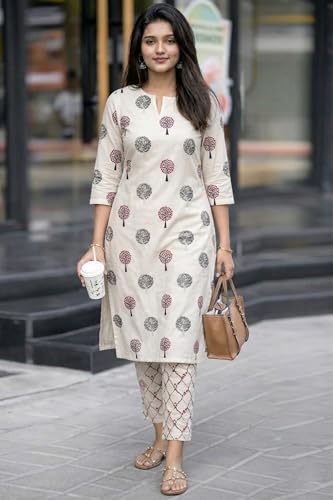 Image of GoSriKi Co-ord Set Women Viscose Printed | Kurti Set Woman | Kurta Pant 2 Piece Outfit | Round Neck V Slit 3 /4 Sleeve Regular Fit Ethnic Wear Ladies Dress Stylish Traditional Clothing