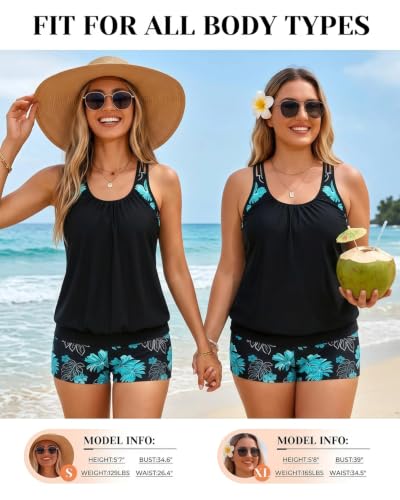 Image of Yonique Two Piece Tankini Bathing Suits T-Back Blouson Swim Tops with Boy Shorts Women Swimsuits Sporty Swimwear