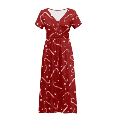 Image of Women's Fall Summer Short Sleeve Ankle Length V-Neck Party Dress with Pockets Size S-3XL