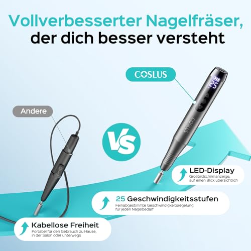 COSLUS Kabellos Tragbar Elektrischer Nagelfräser: Elektrische Nagelfeile für Gelnägel 35000 u/min Nail Drill mit LED-Display & 25 Geschwindigkeiten für Nägel & Acrylnägel portabel für Reisen, Grau