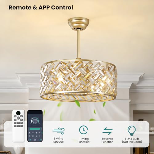 Caged Ceiling Fan with Light 20＂Gold Crystal Fandelier Remote/APP Control by KAISITE - Used condition - Image 6