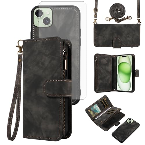 Coque iPhone 15 Plus 5G Asuwish avec fermeture éclair porte-carte et bandoulière de protection